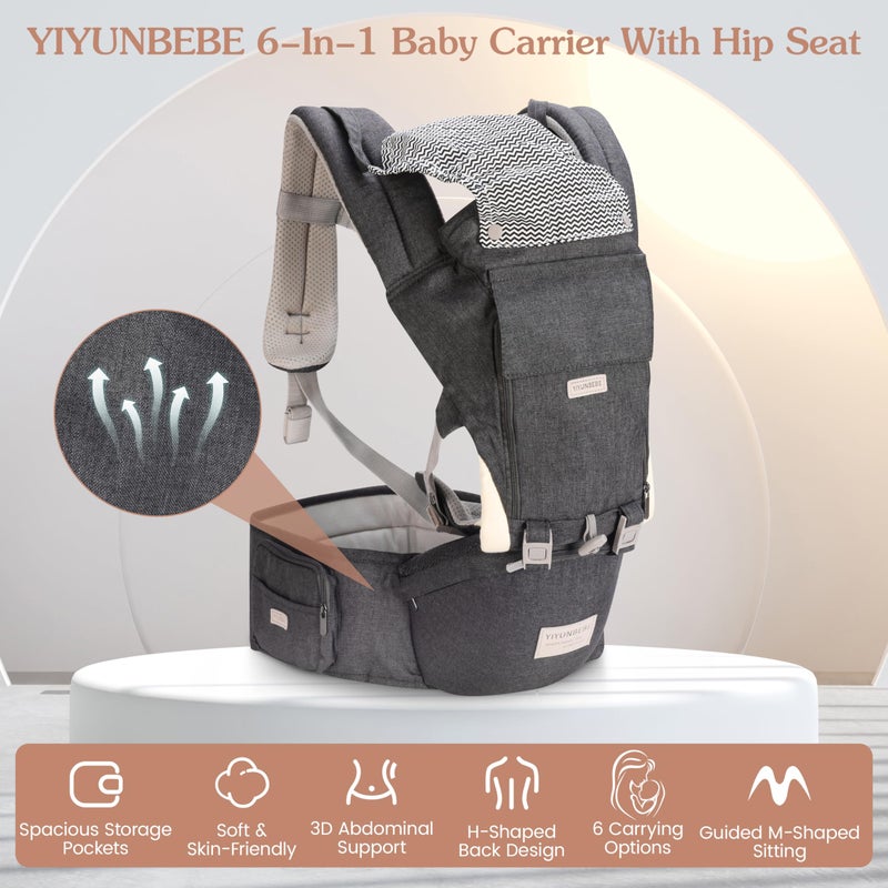 YIYUNBEBE حمالة أطفال YIYUNBEBE من حديثي الولادة إلى الأطفال الصغار مع مقعد حامل أطفال ظهر حمالات أطفال أمامية وخلفية للحمل والمشي (رمادي) - Image 2